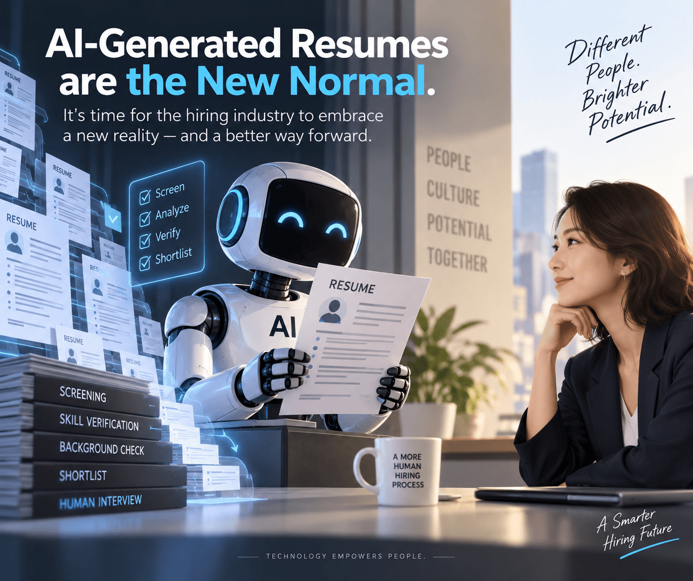 An AI robot helping organize and review résumés while a recruiter focuses on the human side of hiring