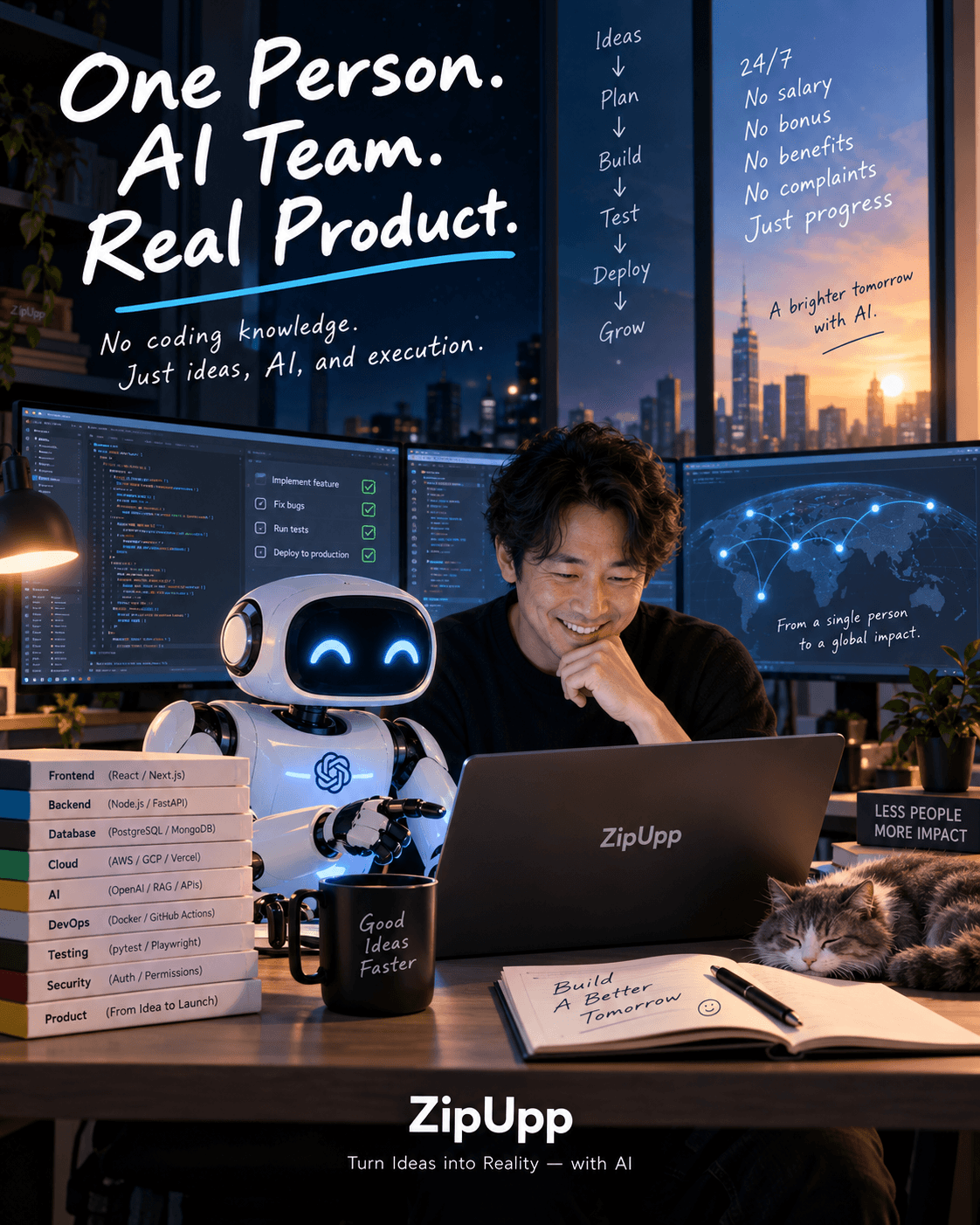 Illustration of a solo founder and an AI robot building ZipUpp on a laptop, surrounded by technology books and a sleeping cat