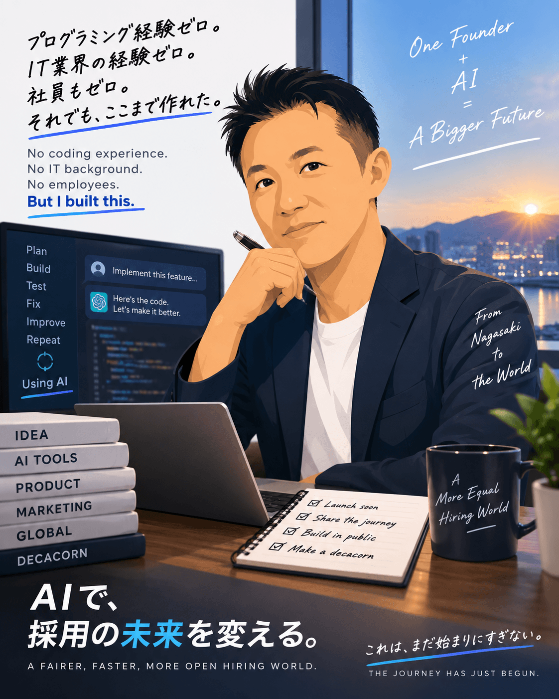 Illustration of ZipUpp’s founder building with AI at a desk, with a Nagasaki sunset behind him and a vision for the future of hiring