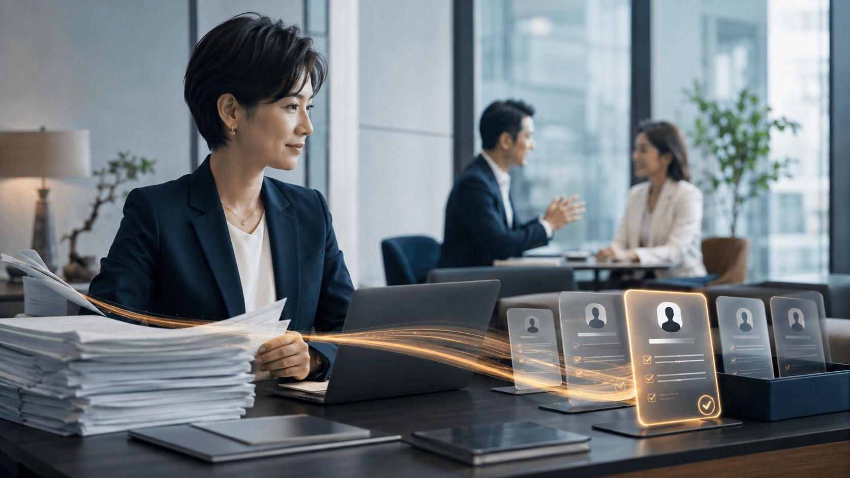 AI organizing a large volume of résumés while an HR professional focuses on a meaningful Candidate conversation