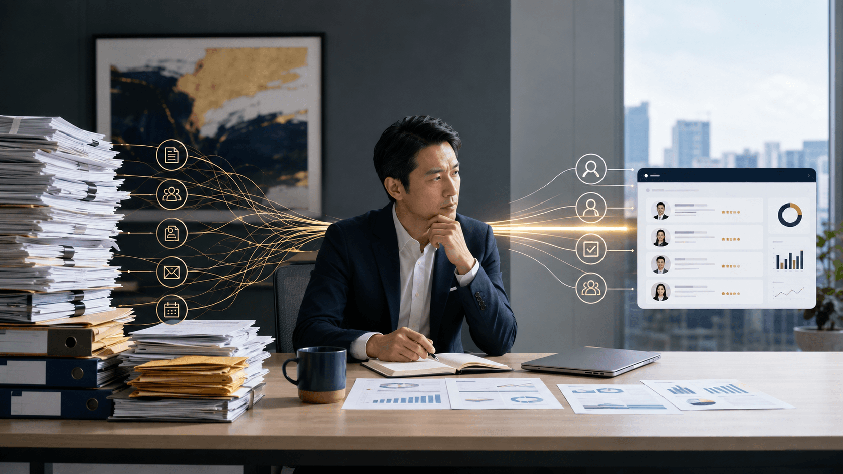 Stacks of recruitment paperwork and costs being transformed into an efficient AI-supported hiring process