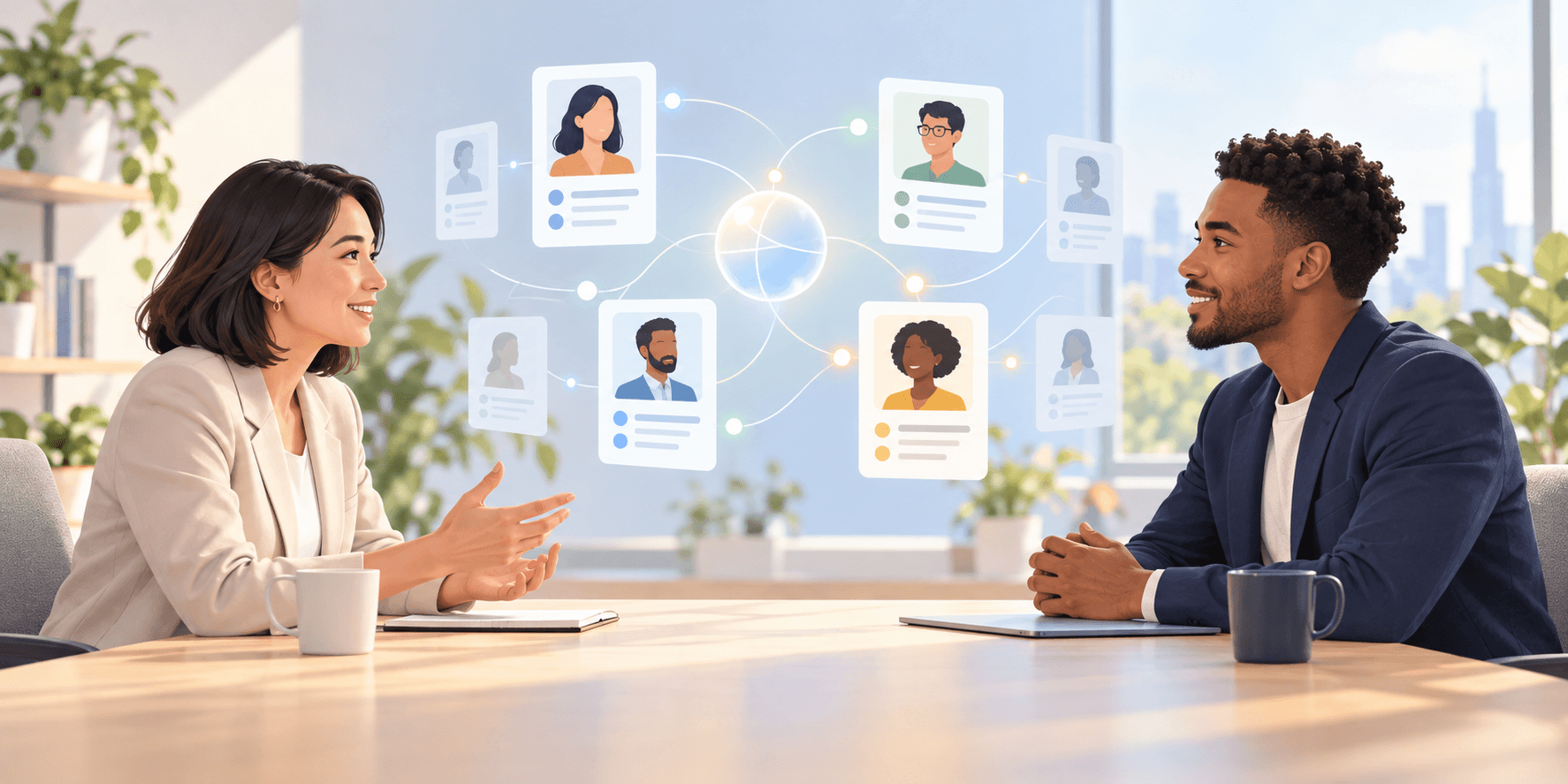 A hiring professional and a job seeker in conversation, with AI-assisted information organization illustrated between them