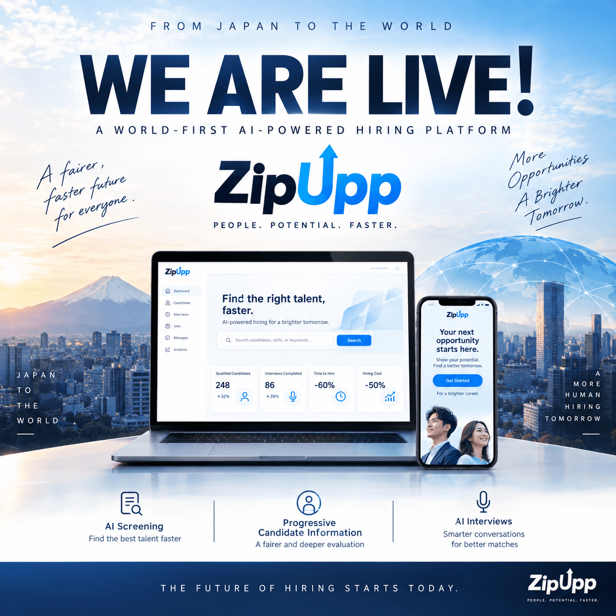 WE ARE LIVE! ZipUpp launch illustration with a laptop, smartphone and globe